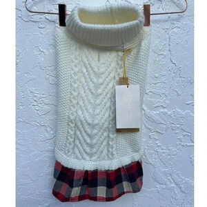 Rachel Zoe For Dogs Plaid Trim Cable Knit Sweater Ivory Sz Medium